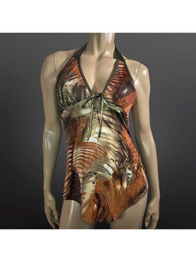 Y2K Halter Babydoll Top Size L Gold Metallic Brown Beige Clubbing Going Out